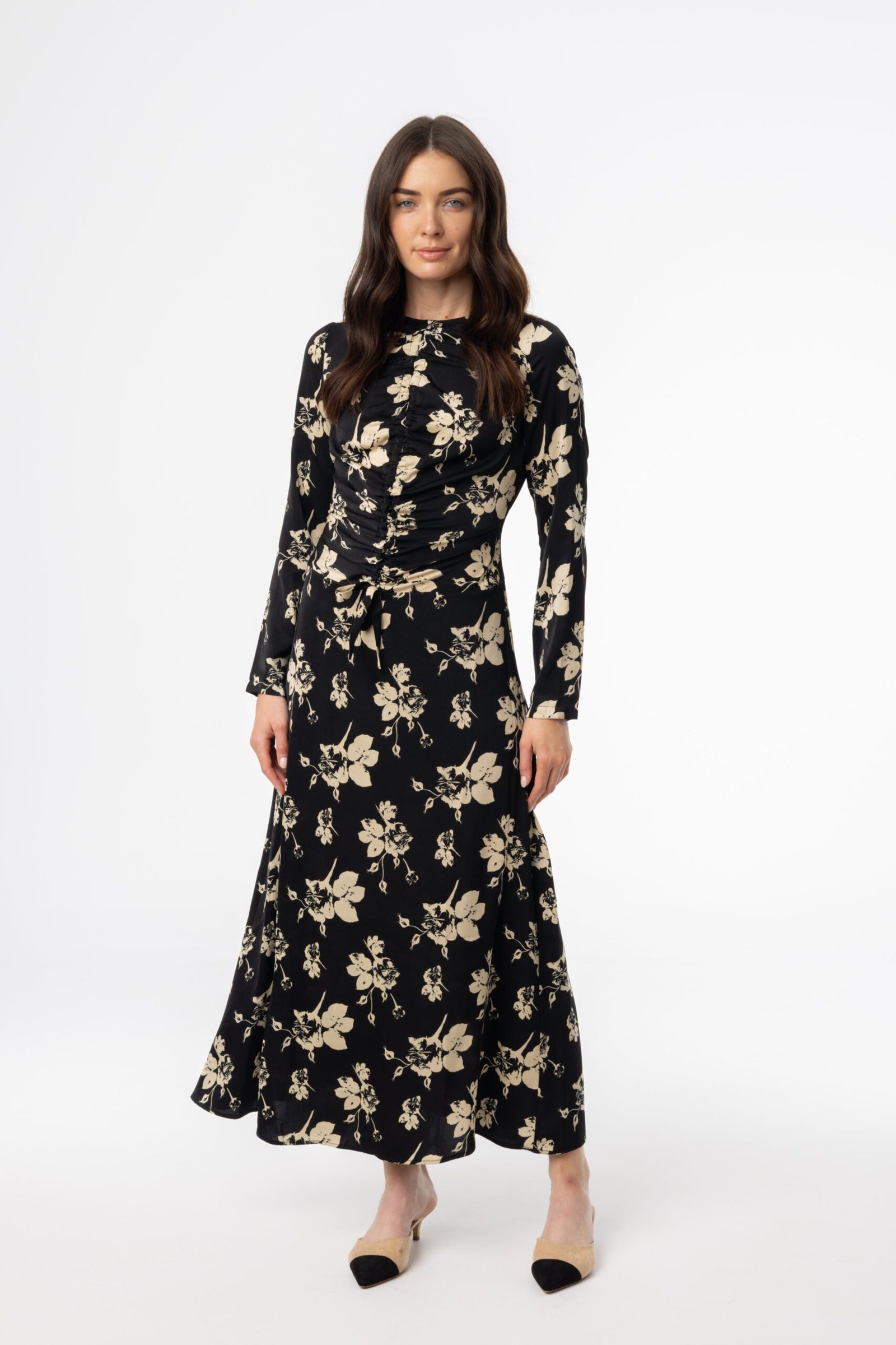 Black Floral Ruched Maxi Dress - Image 1