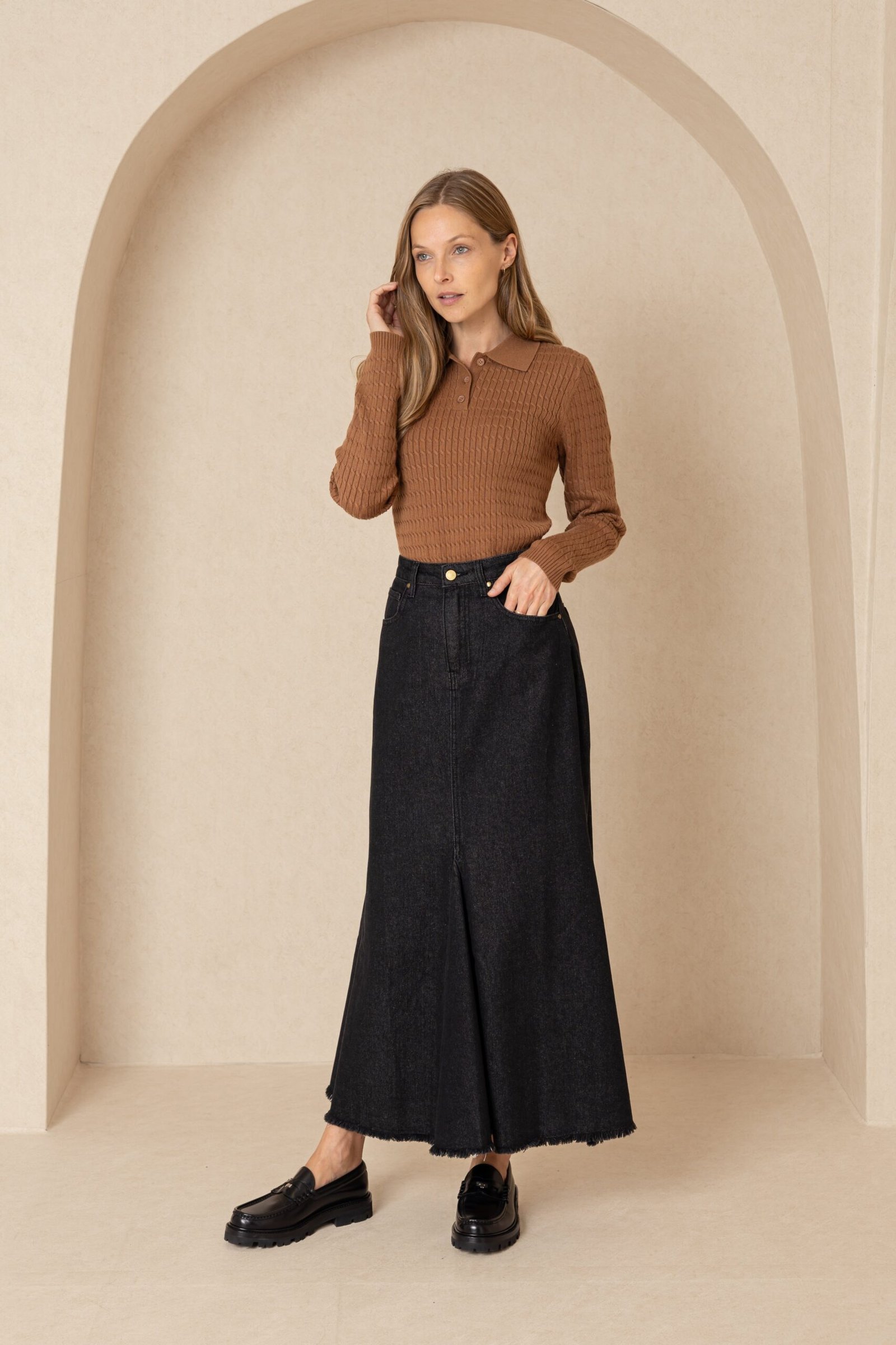 Black Denim Flare Bottom Skirt - Image 4