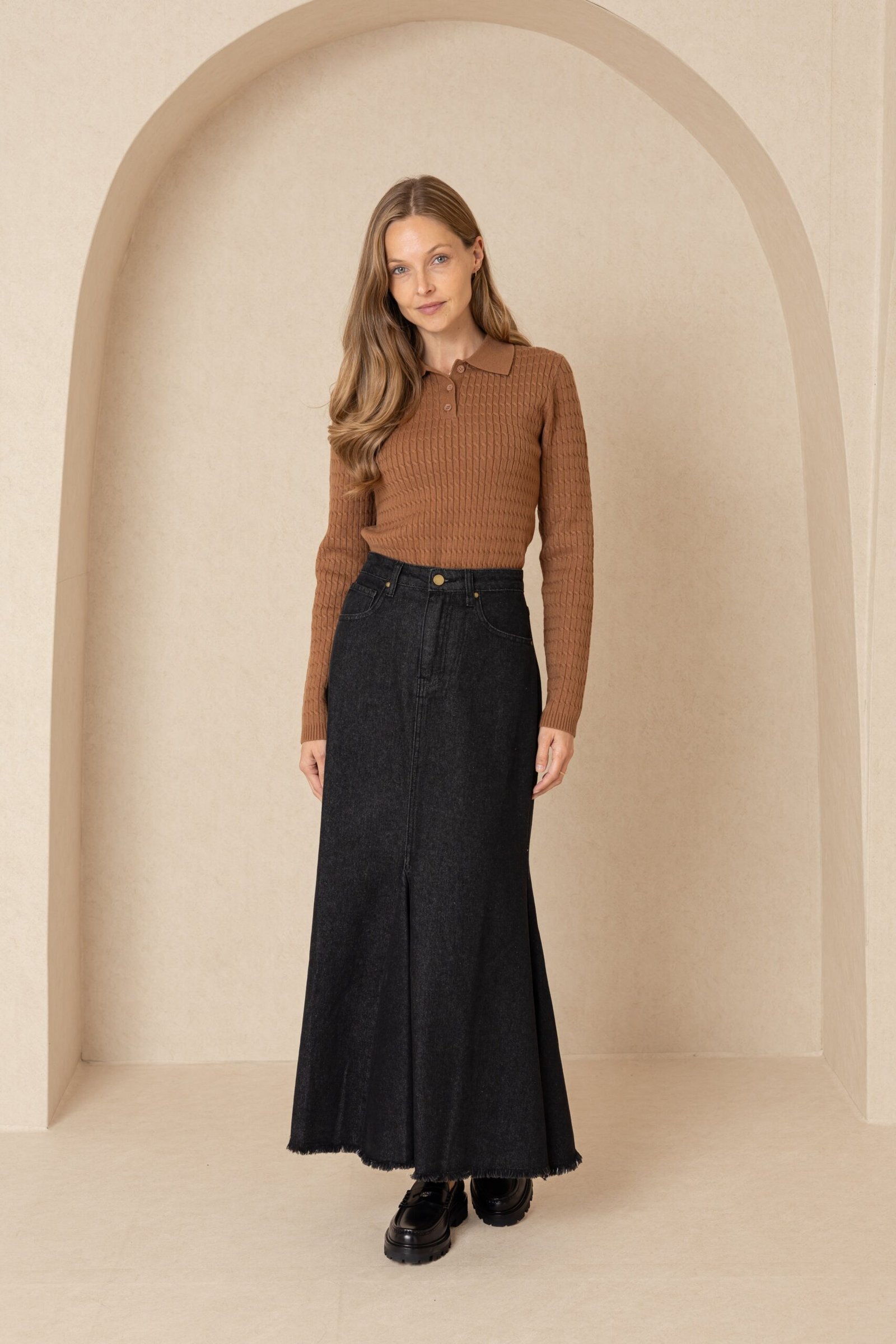 Black Denim Flare Bottom Skirt - Image 1