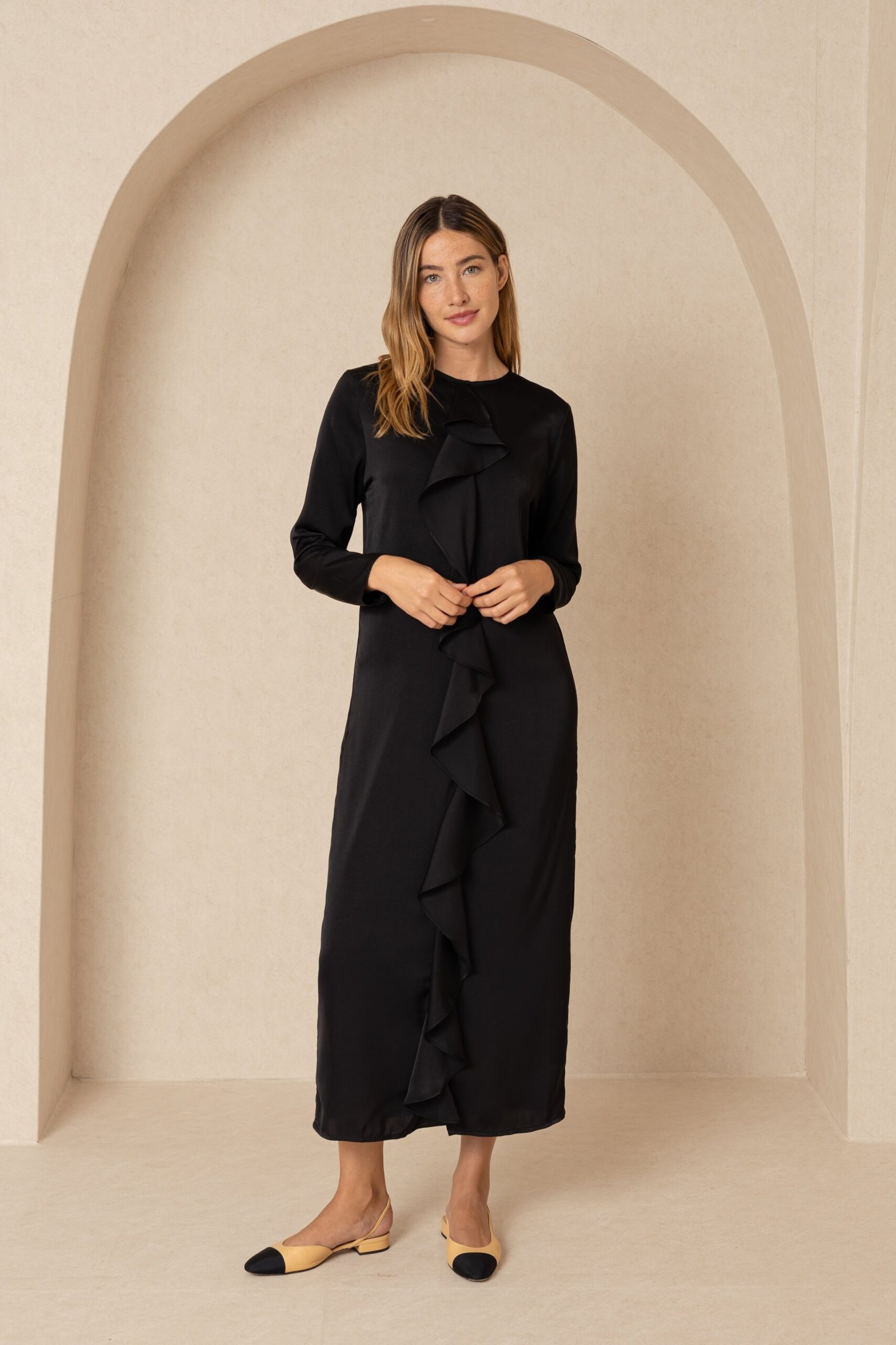 Black Front Ruffle Silk Maxi - Image 1